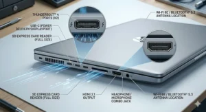 Technical illustration of an advanced thermal cooling system in a high-spec portable laptop.