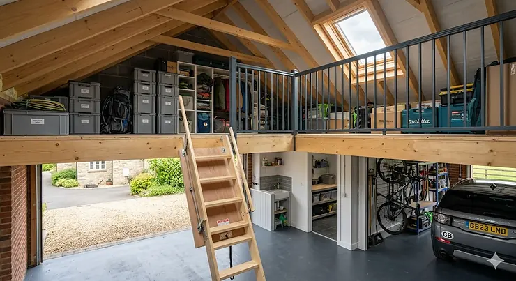 Organised garage loft storage solutions featuring heavy duty shelving units, clear plastic storage boxes, and secure wooden loft boarding in a British semi-detached garage. garage loft storage solutions