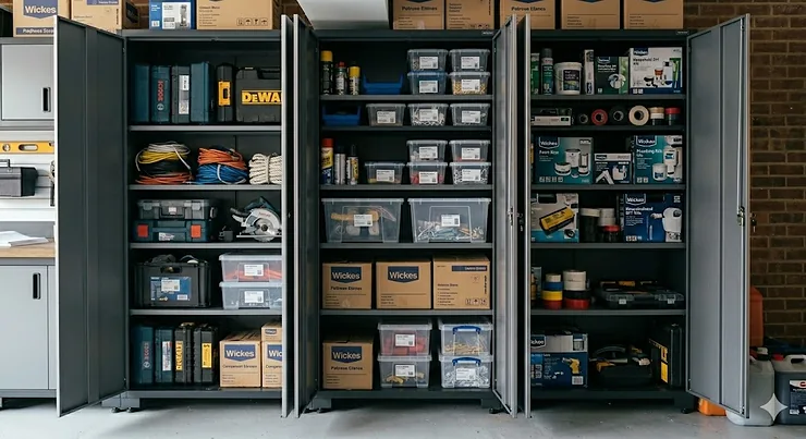 A fully installed modular garage cabinet system in a modern British double garage, featuring floor-to-ceiling grey storage units and a sleek workbench. modular garage cabinet system