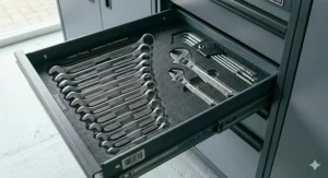 Internal view of a modular garage cabinet drawer with foam inserts for neatly organised spanners and hand tools.