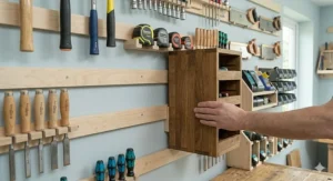 A close-up showing the flexibility of a modular French cleat system as a tool holder is easily repositioned on the wall cleats.