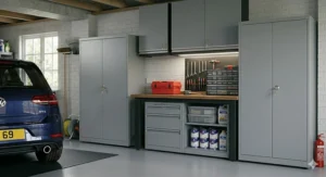 A row of modular lockable garage cabinets forming a complete storage solution.