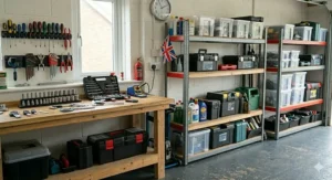 A full overview of a robust workshop storage system showing the rolling tool chest next to tall metal shelving units filled with sorted storage bins and toolboxes, under natural British light.