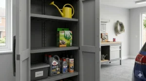 Interior view of a plastic garage cabinet featuring adjustable shelving holding various automotive fluids and cleaning supplies.