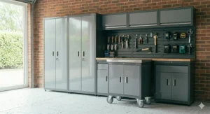 Close-up of premium, bespoke modular garage units with a high-gloss finish and brushed aluminium handles.