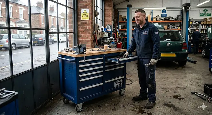 A professional heavy-duty mobile tool station with a wooden workbench top and integrated vise, parked inside a busy British automotive garage with daylight coming through large windows. mobile tool station
