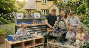 A comprehensive professional tool box system including a backboard with blue parts bins, storage shelves, and various model kits being assembled outside a stone house.