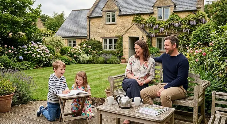 A large, open professional tool box on wheels placed on timber garden decking, where a British family is gathered near a cottage. professional tool box