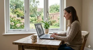 A professional working on a mobile workstation from a bright home office in the UK.