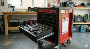 An action-focused illustration of the spacious, deep bottom drawer of the rolling tool chest open, revealing stored power tools like a cordless drill and impact driver.
