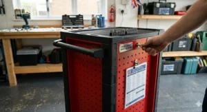 A detailed close-up illustration of the secure lockable barrel key system and the front red perforated panel on the industrial tool trolley, with a clipboard for checklist organisation.