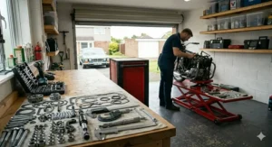 A photorealistic, angled illustration focusing on a wooden workbench with sorted engine parts and callipers, with a rolling tool chest visible as a mobile workstation in the background.