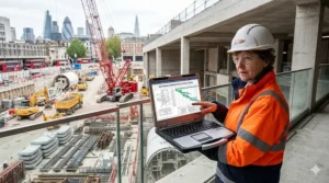 A durable, premium-build mobile workstation being used by an engineer on a British construction site.