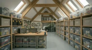 Camping gear, artificial Christmas trees, and winter tyres neatly packed away using high level garage loft storage solutions.