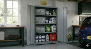 Lockable metal cabinet used for the safe storage of paints and garden chemicals.