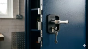 Close-up of a three-point locking system and ergonomic handle on a blue powder-coated steel storage cupboard.