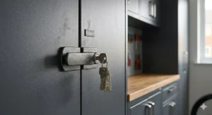 Close-up of a secure three-point locking system on a heavy duty steel garage cupboard for tool safety.