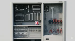 Close-up of a multi-point barrel locking system on a steel workshop cabinet door for high-security tool protection.