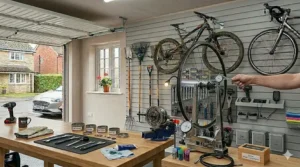 A narrow single British garage maximized with a floor-to-ceiling slatwall system, keeping the floor completely clear for parking a car.