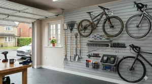 A garage slatwall system utilized as a garden tool organiser, neatly holding a spade, rake, and shears with double prongs.