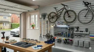 Close-up of a workshop zone with a garage slatwall system above a workbench, organizing screwdrivers, spanners, and hammers on magnetic strips.