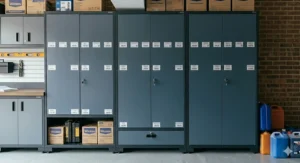 Three tall modular garage cupboards with adjustable shelving, perfect for storing power tools and household DIY kits.