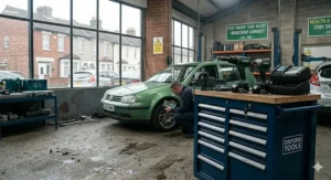 A rugged mobile tool station positioned alongside an engine crane and hoist during a complex mechanical repair in a UK workshop.