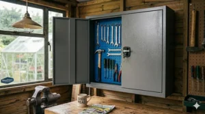 A space-saving wall-mounted metal cabinet with pegboard interior for hanging spanners and hand tools in a garden shed.