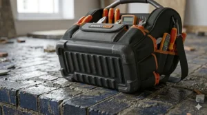 A 4K photorealistic close-up photograph capturing the rugged, injection-moulded waterproof plastic base of the Sparky Pro electrician’s tool bag, sitting on a damp UK construction site floor made of engineering bricks.