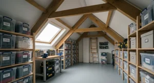 Three section folding wooden loft ladder extended from a ceiling hatch, providing safe access to garage loft storage solutions.