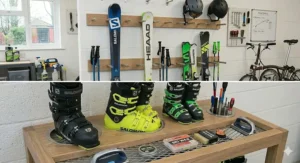 An adjustable storage rack system holding two pairs of downhill skis alongside a wide snowboard, demonstrating versatile gear allocation.