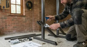 A person using simple hand tools to assemble a no drill freestanding bike rack on a concrete garage floor.