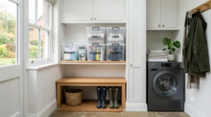 Clear storage bins stacked neatly on shelving, perfect for organising UK homes.