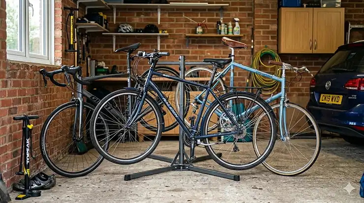 Two adult road bikes and a hybrid bicycle neatly stored on a metallic freestanding bike rack in an organised residential garage. freestanding bike rack garage