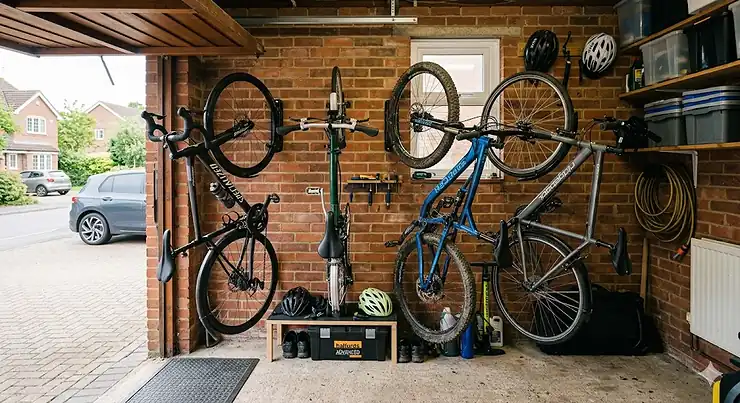Several road and mountain bikes hanging vertically from a space-saving wall rack inside a compact brick garage, freeing up valuable floor space. bike storage small garage