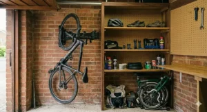 An integrated garage wall storage system featuring a bike hook alongside shelves holding cycling helmets, muddy shoes, and maintenance tools.