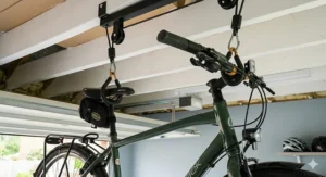 Detailed view of rubber-coated hooks from a ceiling bike rack securely gripping the handlebars and saddle of a hybrid bicycle without damaging the components.