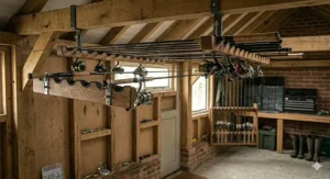 Overhead ceiling fishing rod storage rack keeping long two piece beachcaster rods organised and safe from accidental knocks.