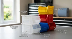 A clean, illustrative diagram showing a cluster of modular clear plastic small parts storage bins stacked and nested on a neutral grey background. Arrows with British English labels, adapted from the clean illustrative style of garage-small-parts-storage-bins.jpg, point to key design features like "TRANSPARENT CLARITY," "SECURE STACKING LUGS," "MODULAR NESTING DESIGN," "EASY-ACCESS APERTURE," and "DURABLE ACRYLIC CONSTRUCTION."
