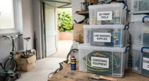 Transparent stackable plastic containers showing stored gardening equipment and car washing supplies for easy identification.