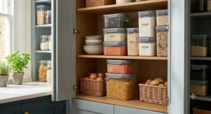 Clear, BPA-free stackable storage containers neatly arranged on a pantry shelf, filled with dried goods like flour and pasta.