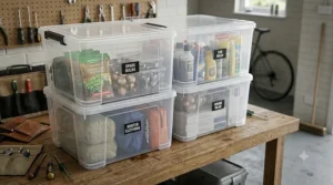 Close-up of clear plastic stacking boxes showing visible contents inside a UK garage.