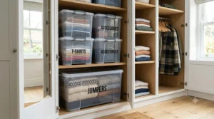 Transparent storage boxes protecting folded jumpers and seasonal clothes on a wardrobe shelf.