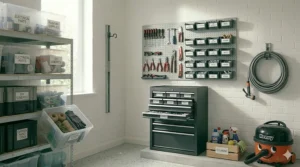 Transparent plastic storage boxes with clear labels stacked neatly on a shelf, helping keep garage contents categorised.