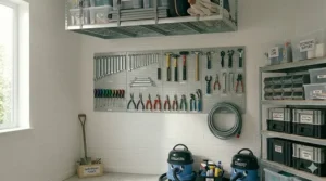 A person sorting through items in a garage to declutter, showing the first step in organising a small space.