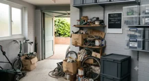 A before and after comparison showing a cluttered garage transformed by using space-saving stackable boxes for a small garage.