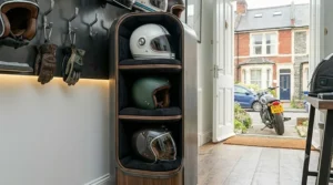 A space-saving, padded motorcycle helmet storage unit designed to prevent visor scratches and maintain helmet liner integrity.