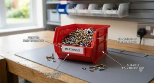 A detailed isometric diagram, rendered in the clean illustrative style of wall-mounted-small-parts-storage-bins.jpg, showing the specific colourful plastic small parts storage bins from small-parts-storage-bins-uk.jpg adapted for craft and hobby use. Some bins are wall-mounted, holding items like miniature thread spools, generic tiny jars of beads, and assorted buttons, with labels "VERSATILE CRAFT STORAGE," "MODULAR LOUVRE MOUNTING," "INTERLOCKING STACKABLE BASES," and "CLEAR-FRONT CONTENT IDENTIFICATION" in British English.