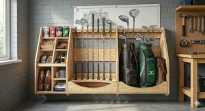 Line drawing diagram showing dimensions and assembly instructions for building a DIY wooden golf bag stand at home.