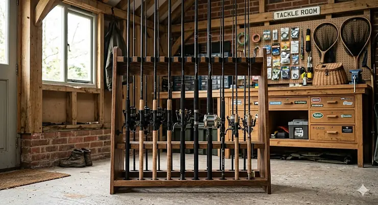 Freestanding wooden fishing rod storage rack holding multiple carp and sea fishing rods with reels attached in a tidy home garage. fishing rod storage rack